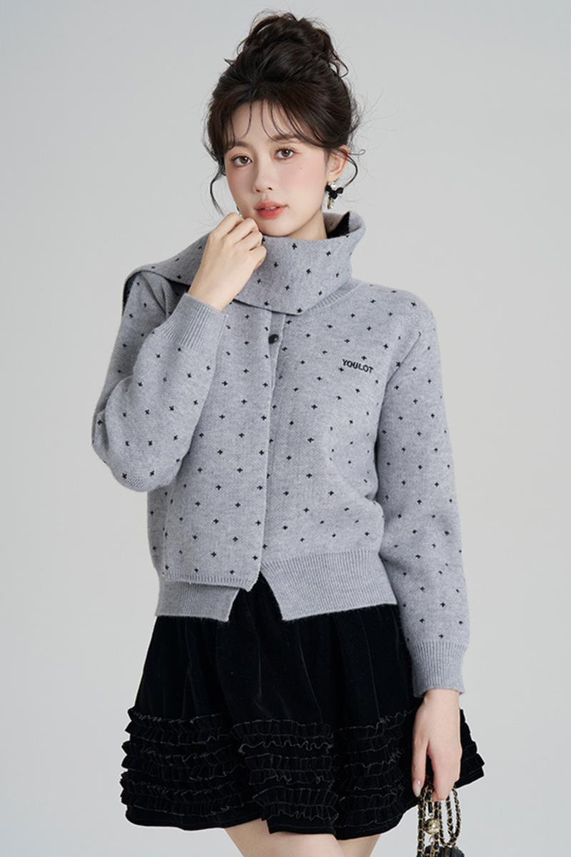 French Style Dotted Cardigan With Scarf