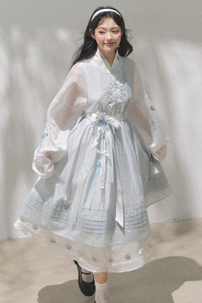 Pure White Chinese Dress + Cover Apron + Belt