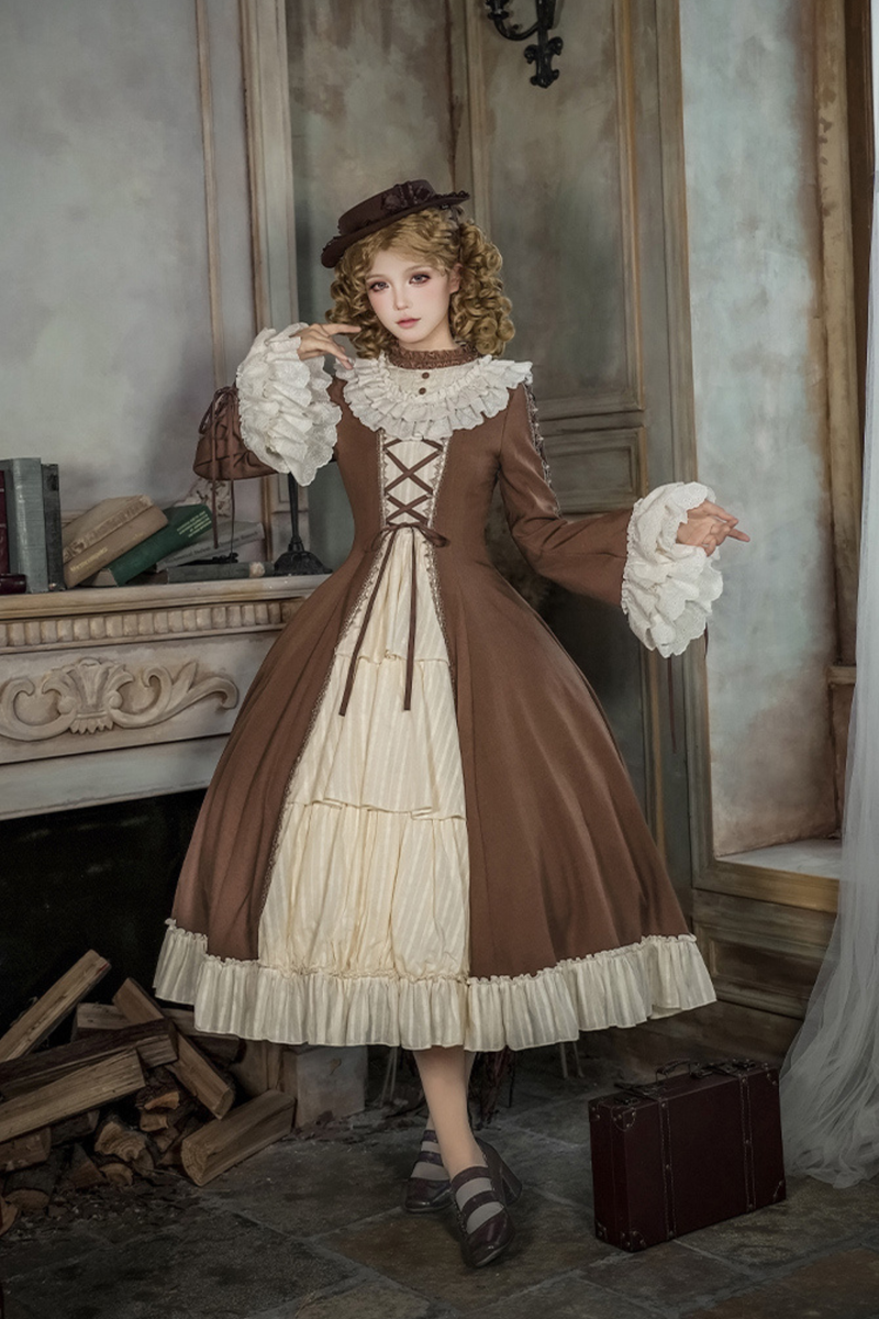 Lace Stand Collar Flared Sleeve Twin Doll Lolita Dress + Collar + Hat