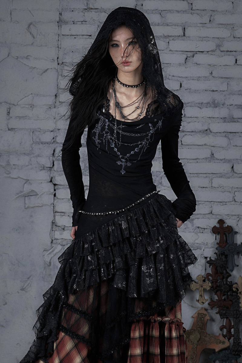 Punk Lace Hood Asymmetrical Dress
