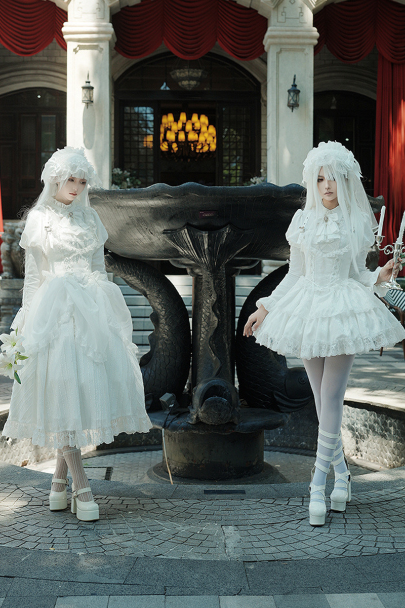 White Gothic Gemini Lolita Dress + Corset + Ribbon + Headband + Veil