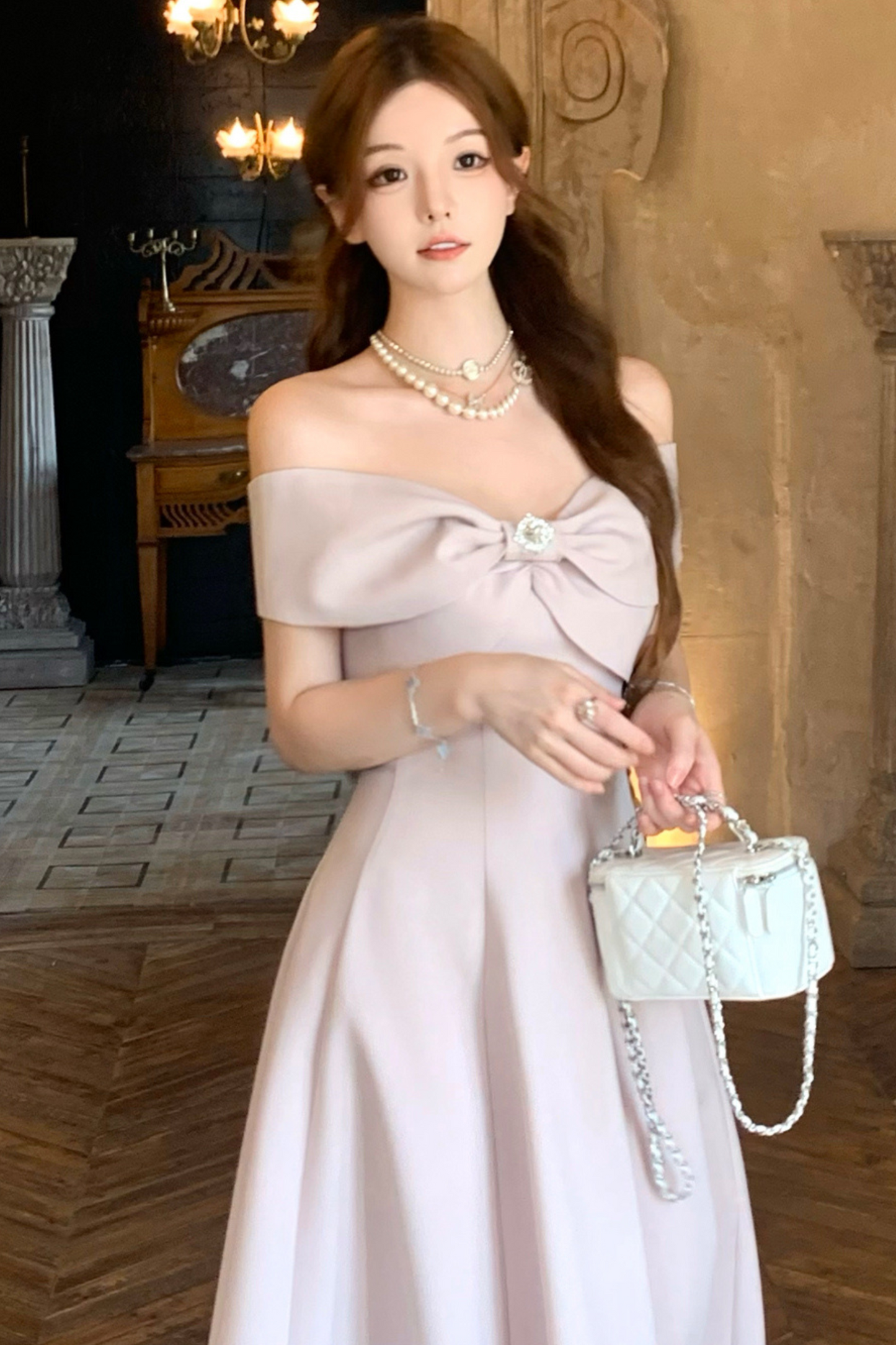 Off Shoulder Ribbon Short Flare Dress + Long Flare Dress