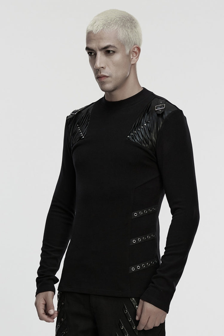 Black Round Collar Long Sleeves Buckled Strappy Pleated Eyelet Punk Top