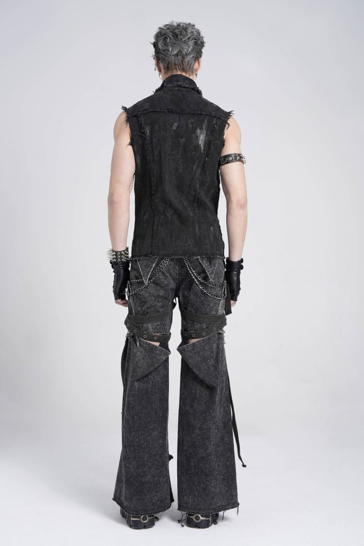 Black Sleeveless Studded Lace-up Gothic Distressed Vest
