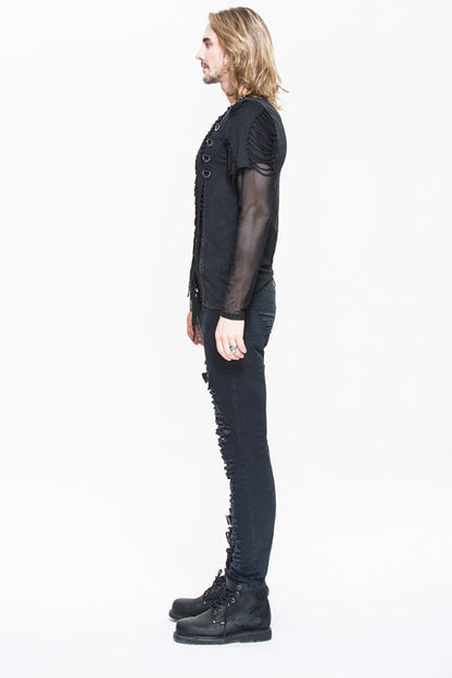 Black Knitted Diamond Mesh Punk T-shirt With Ribbons