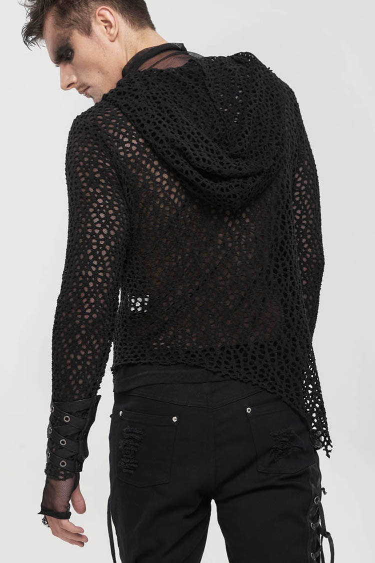 Black Punk Long Sleeve Elasticity Big Hole Mesh Drawstring Design Irregular Hooded Shirt