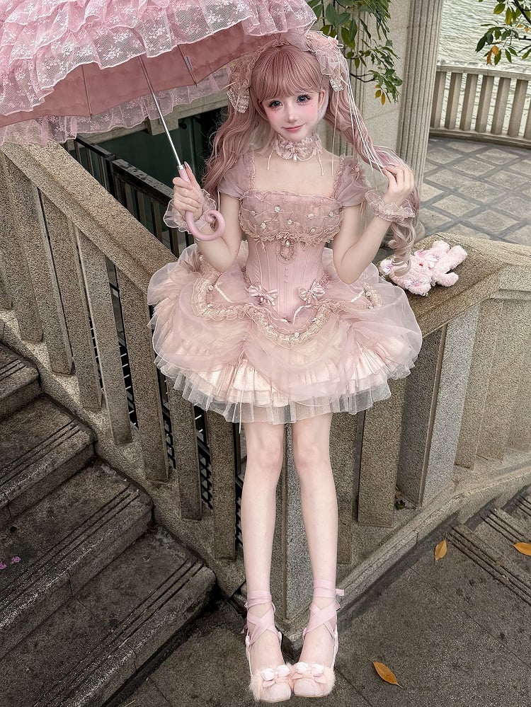 [pre-order Deadline: May 13] Pink Ballet Lolita Lace Ribbon Bustier Corset Top + Pull-up Tulle Tiered Skirt Set + Back Ribbon Train
