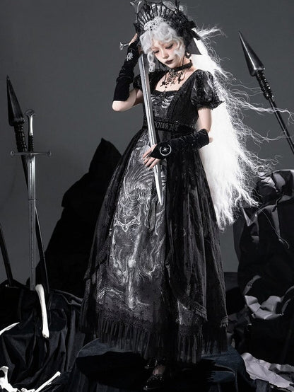 [pre-order Deadline: June 8] Phantom Knight Dark Gothic Square Neck Layered Dress (with Choker & Waist Belt)