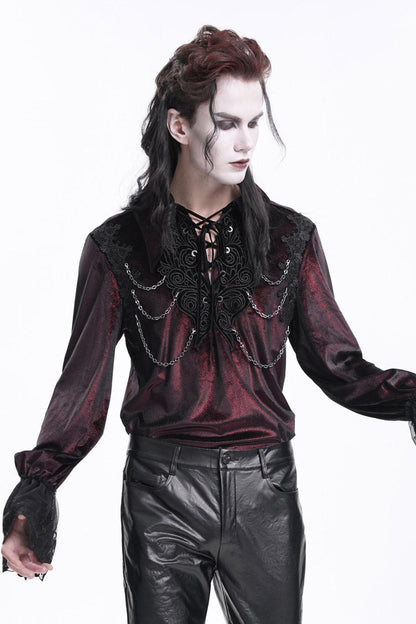 Wine Red V Collar Long Sleeves Lace-up Chain Gothic Blouse