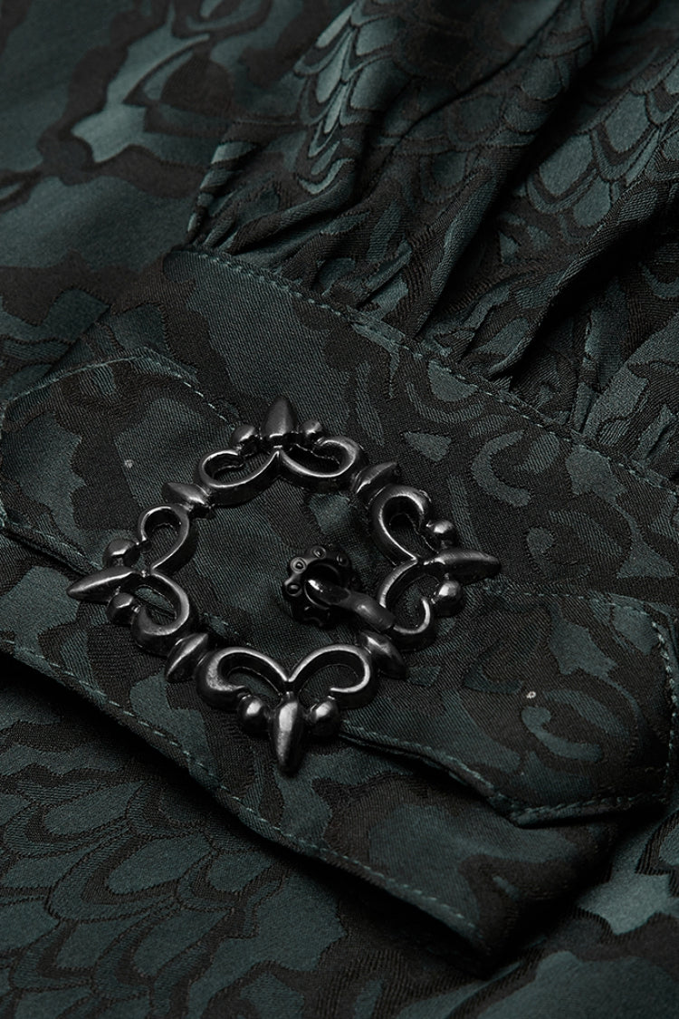 Jacquard Long Sleeve Front Metal Eyelets Lace Up Metal Carving Buckle Cuff Gothic Shirt 3 Colors