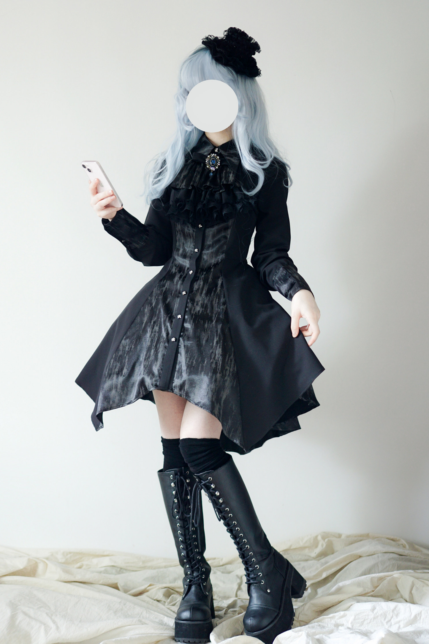 High Collar Blocking Asymmetrical Dress