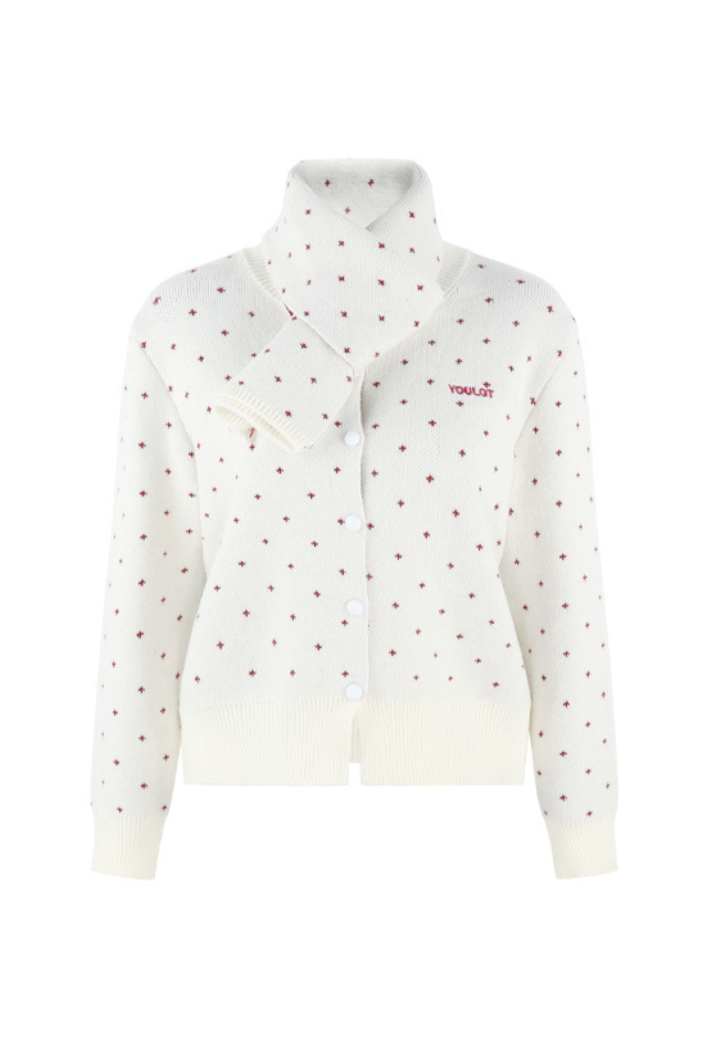 French Style Dotted Cardigan With Scarf
