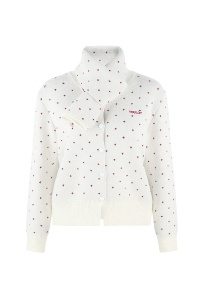 French Style Dotted Cardigan With Scarf