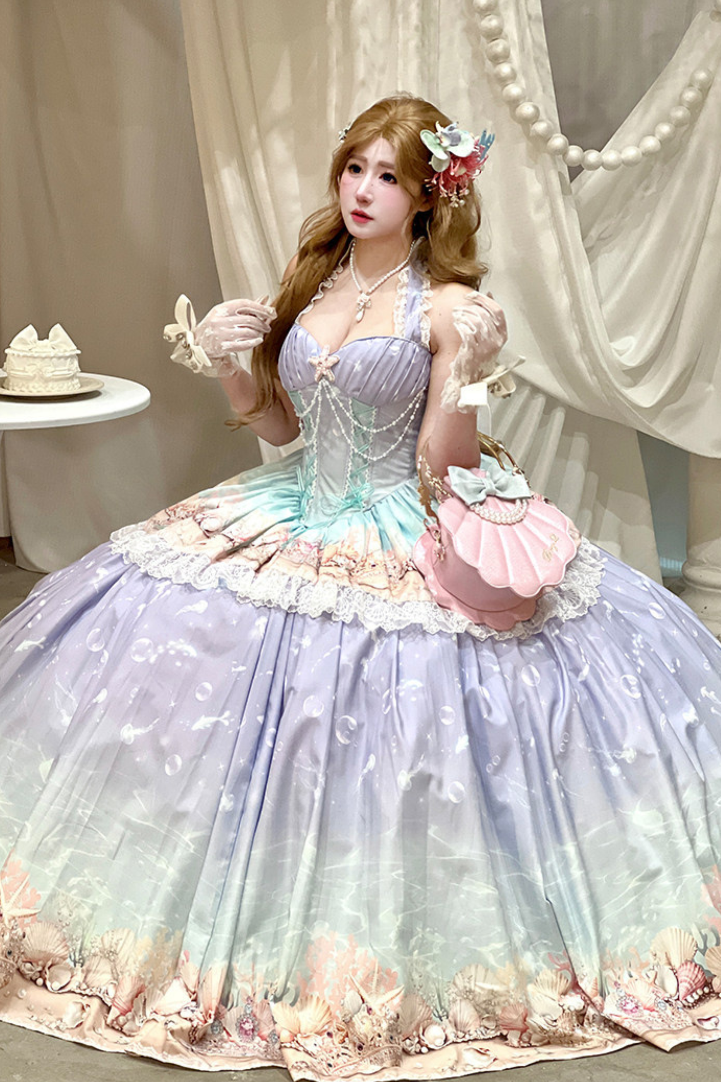 Gradient Bubble Halter Neck French Dress + Skirt