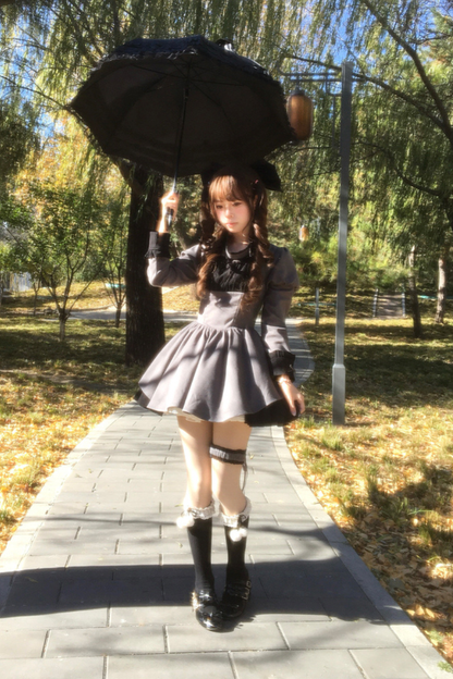 Twin Ruffle Maid Lolita Dress + Apron + Choker + Headband + Bow + Leg Warmers