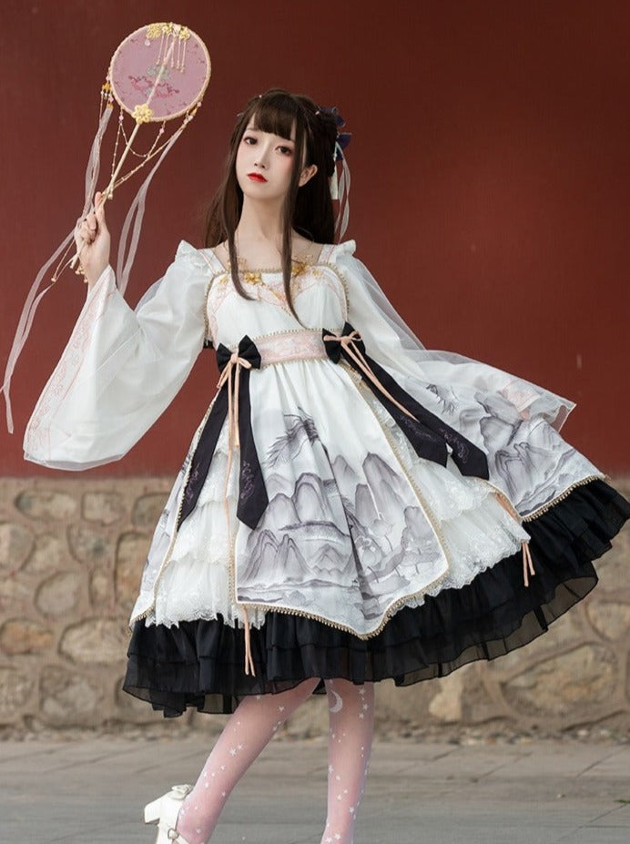 Layered Ruffle Kimono Dress With Attached Collar