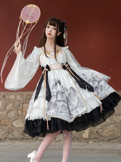 Layered Ruffle Kimono Dress With Attached Collar