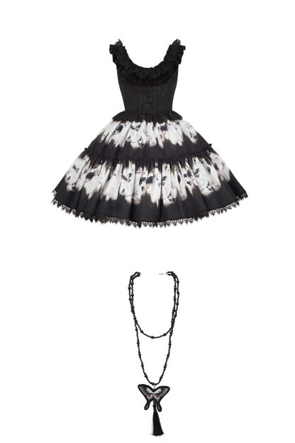 Butterfly Print Swing Lolita Dress + Jumper Skirt + Hairband + Innerwear + Ribbon