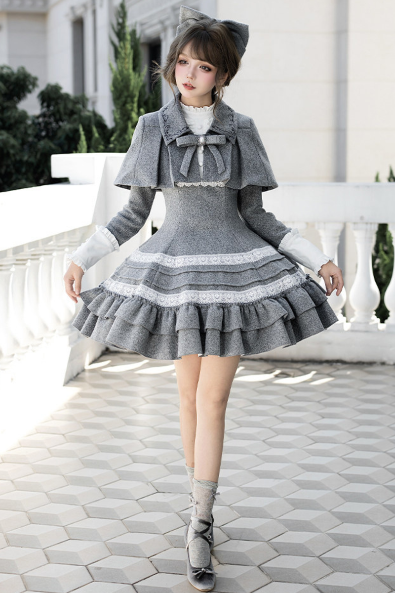 Ruffled Cape Coat + Dress + Hair Accessories + Brooch