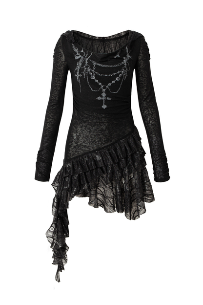 Punk Lace Hood Asymmetrical Dress