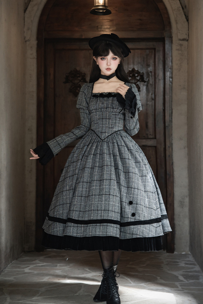 Plaid Fishbone Chest Jsk + Dress + Innerwear + Ribbon + Hat
