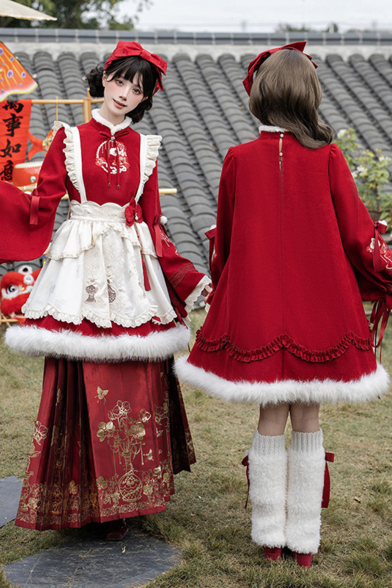 Chinese-style Big Sleeve Dress + Apron + Skirt + Leg Warmers + Hairband + Clip + Pin