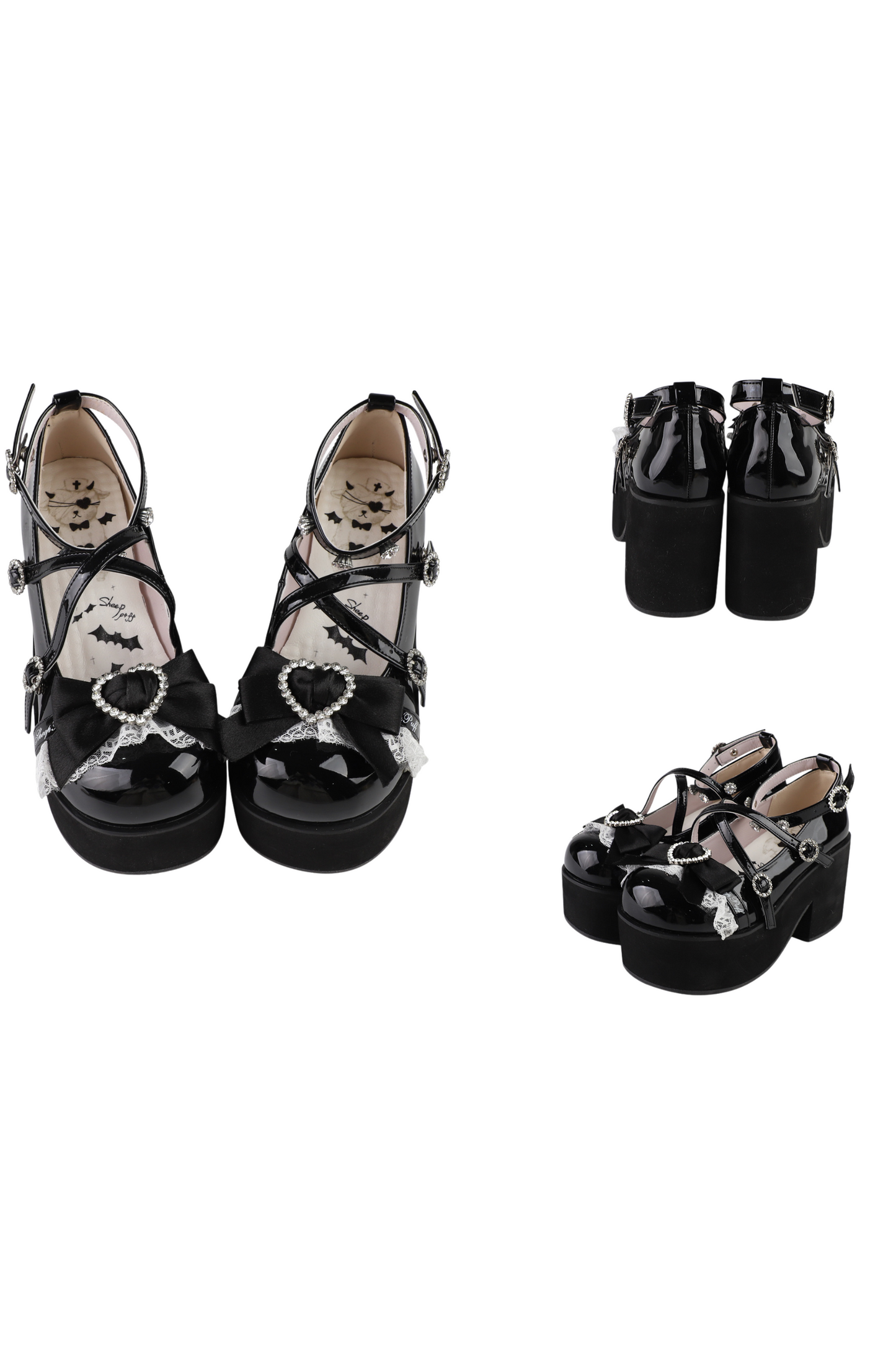 Lace Sheep Puff Lolita Lace Rhinestone Ribbon Flatform Shoes