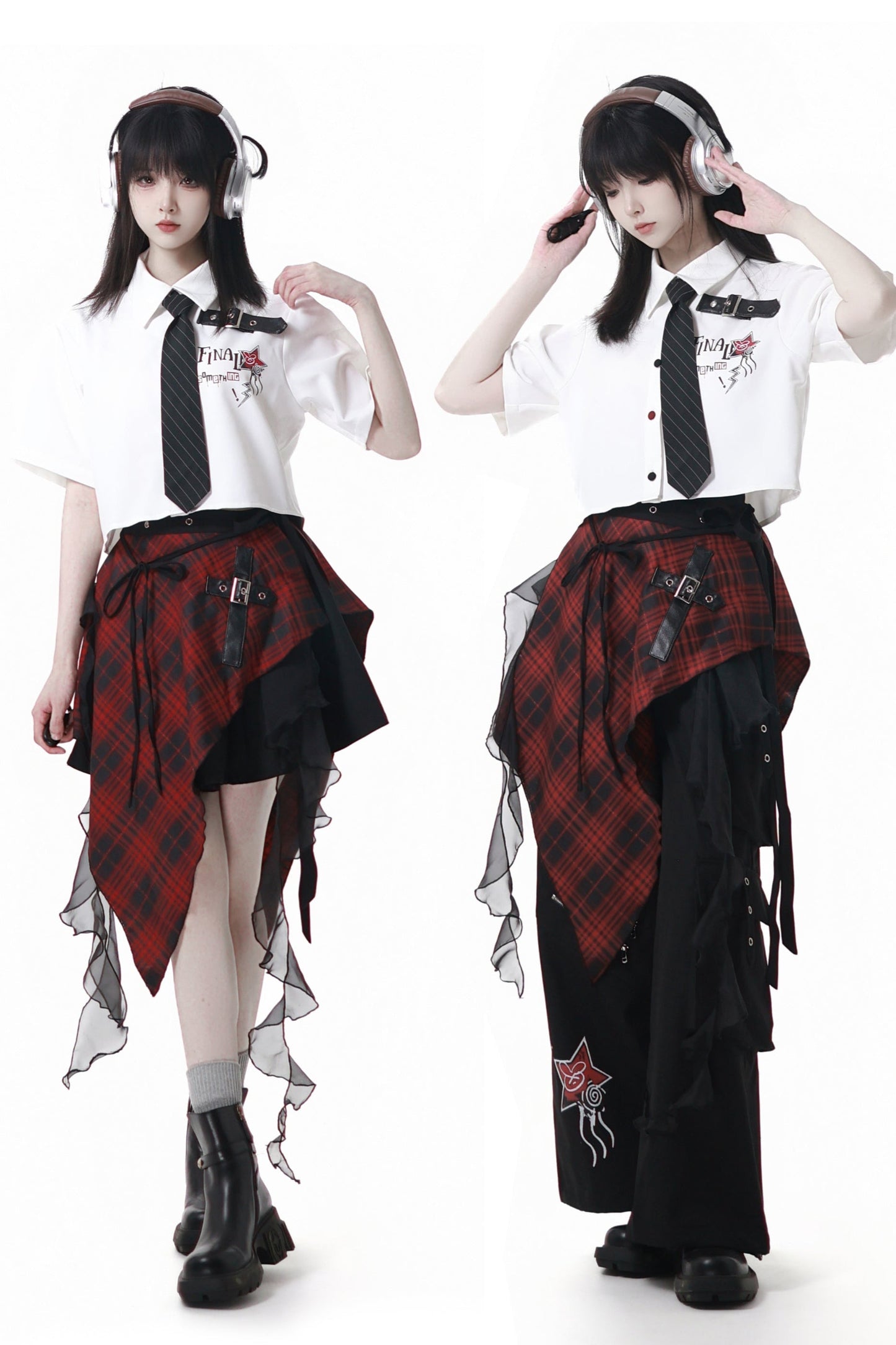 Contrast Shirt + Checkered Skirt + Black Skirt + Wide Pants + Tie