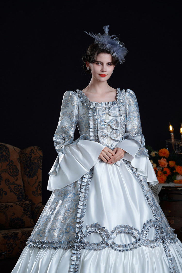 Blue Square Collar Long Trumpet Sleeves Double-layered Ruffled Embroidered Open-front Bow Classic Palace Lolita Victorian Dress