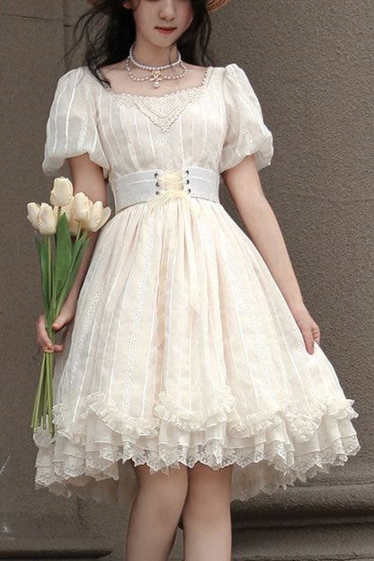 Tulip Square Collar Lantern Sleeves Multi-layer Ruffled Classic Lolita Op Dress Short Version