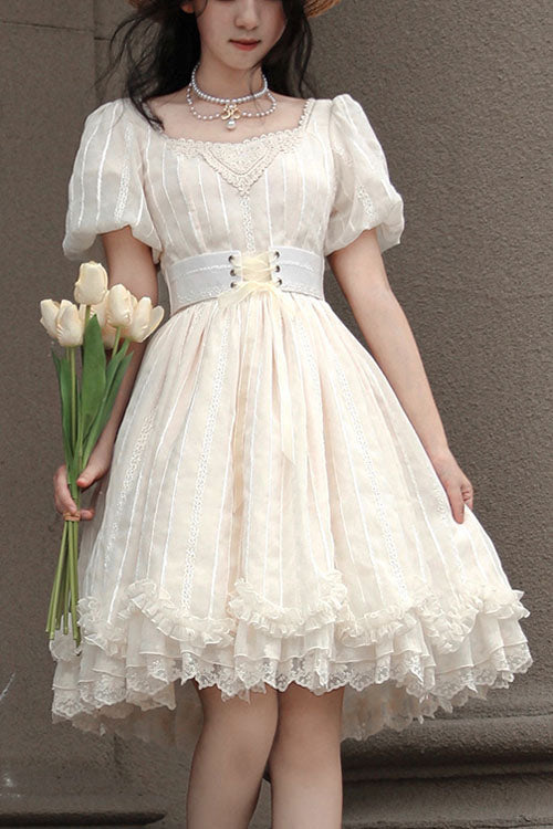 Tulip Square Collar Lantern Sleeves Multi-layer Ruffled Classic Lolita Op Dress Short Version