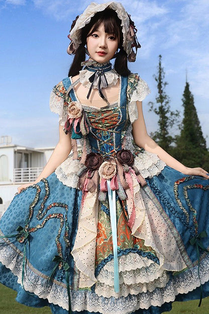 Blue [lake Monet] Sleeveless High Waisted Print Ruffle Cardigan Bowknot Lace-up Classic Princess Lolita Jsk Dress