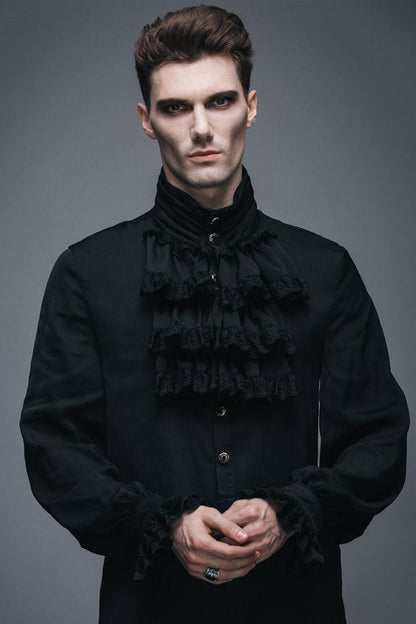 Black Ruffled Lace Button-up Micro-bullet Chiffon Long Sleeve Gothic Shirt