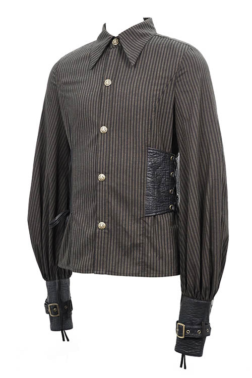 Brown Striped Waist Cuff Leather Punk Blouse