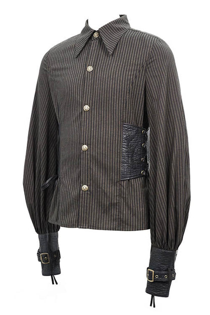 Brown Striped Waist Cuff Leather Punk Blouse
