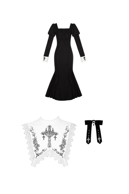 Mermaid Dress + Lace-up Short Dress + Cloak + Collar + Ribbon Brooch