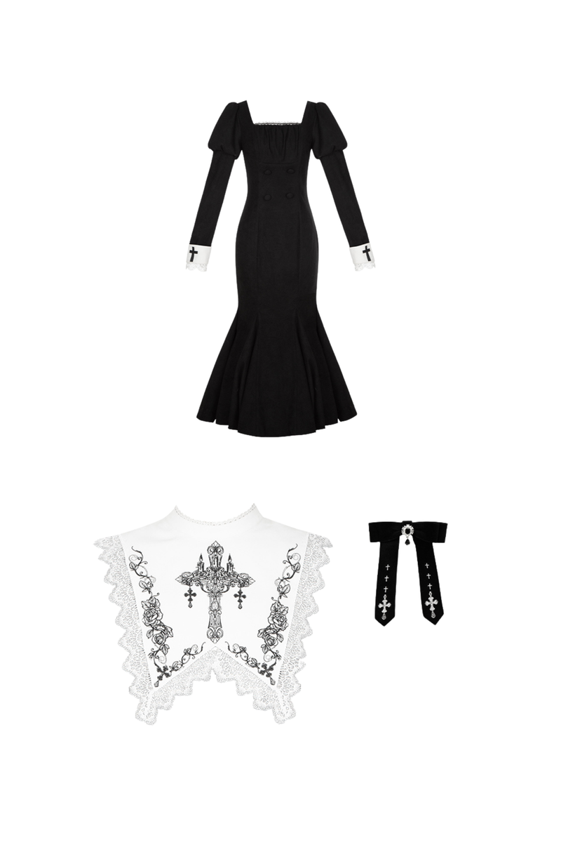 Mermaid Dress + Lace-up Short Dress + Cloak + Collar + Ribbon Brooch