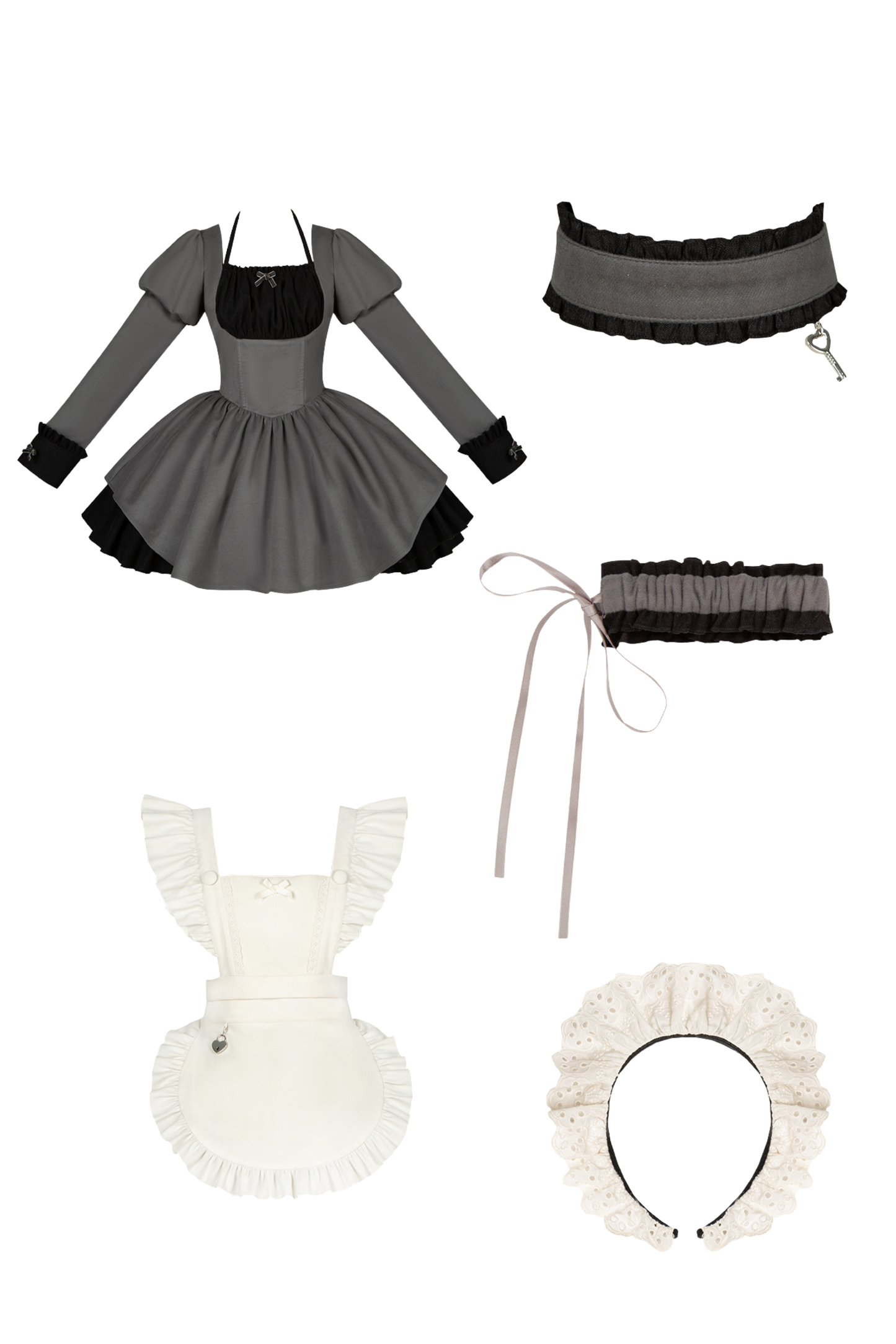 Twin Ruffle Maid Lolita Dress + Apron + Choker + Headband + Bow + Leg Warmers
