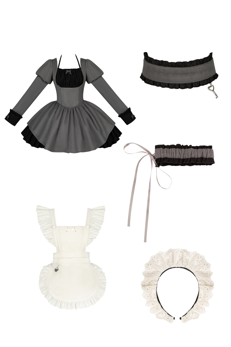 Twin Ruffle Maid Lolita Dress + Apron + Choker + Headband + Bow + Leg Warmers
