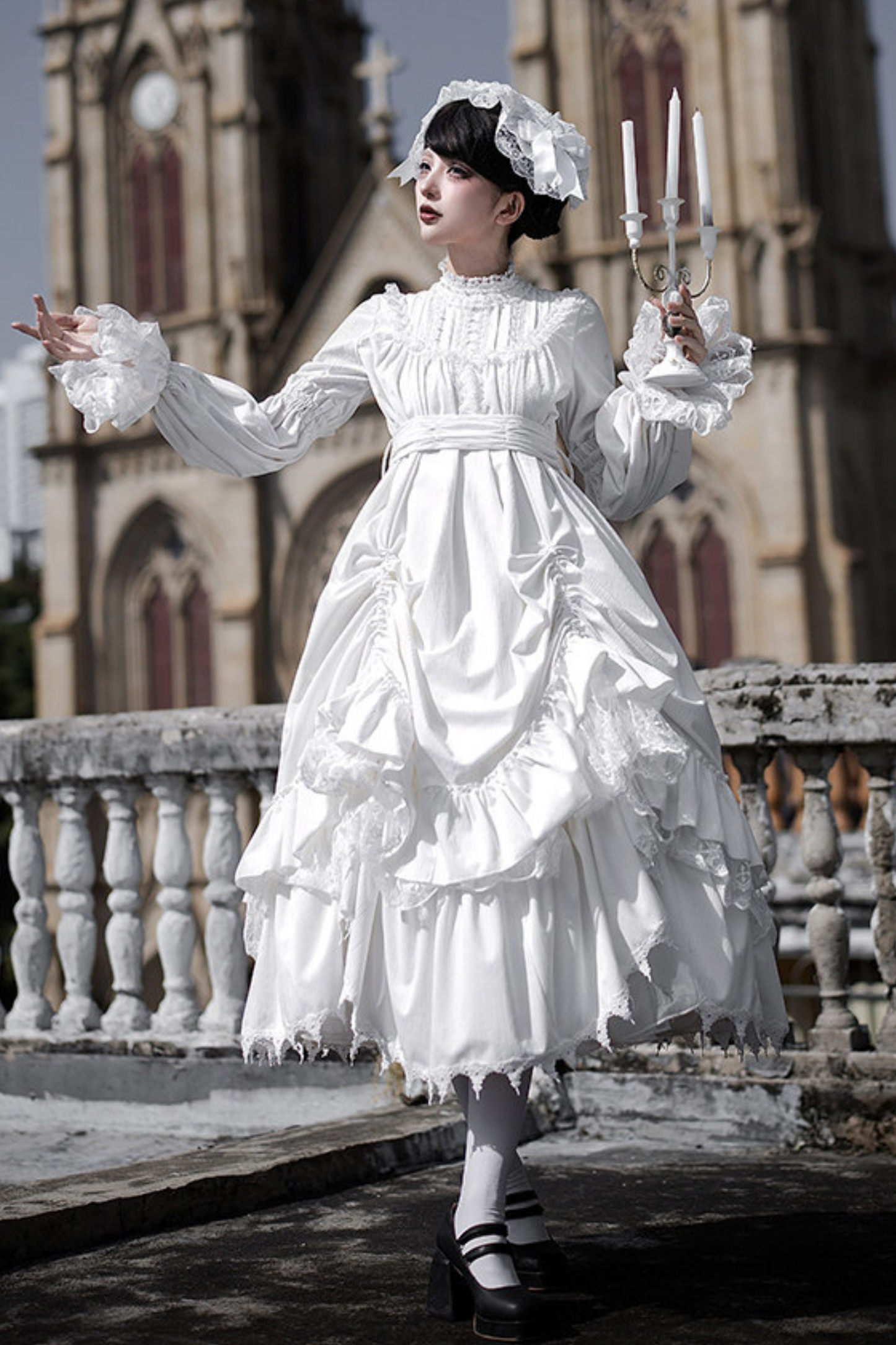Gothic Doll Multi-tiered Dress + Belt + Fake Collar + Hairband
