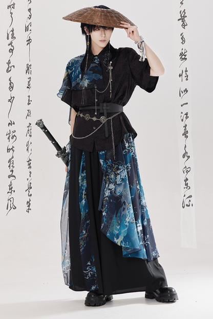 Dark Chinese-style Shirt + Wide Leg Pants + Chain + Belt
