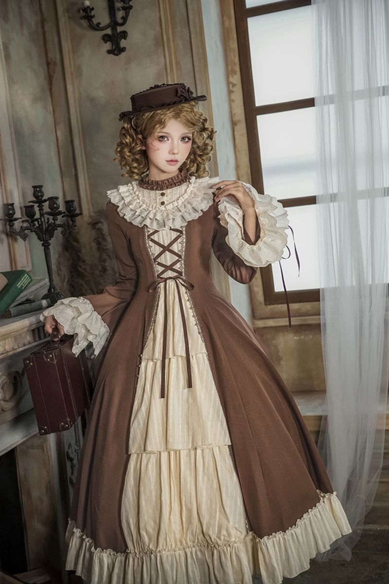 Lace Stand Collar Flared Sleeve Twin Doll Lolita Dress + Collar + Hat