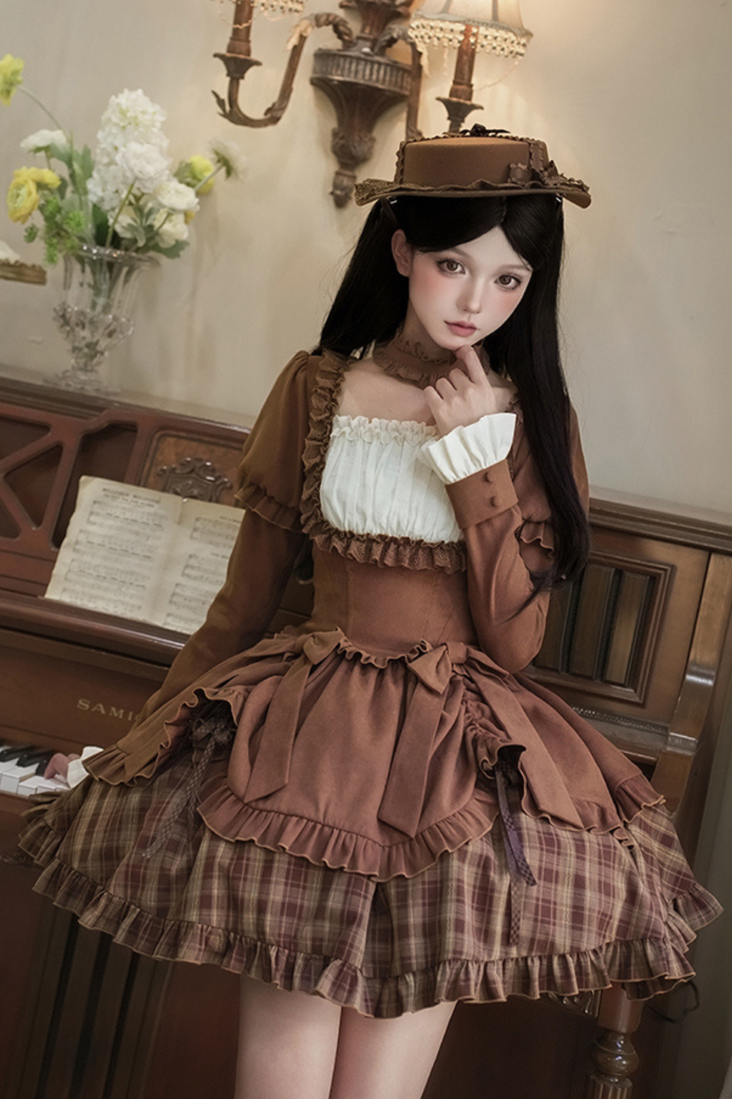 Sweet Checked Doll Dress + 2-way Ribbon + Bow + Hat