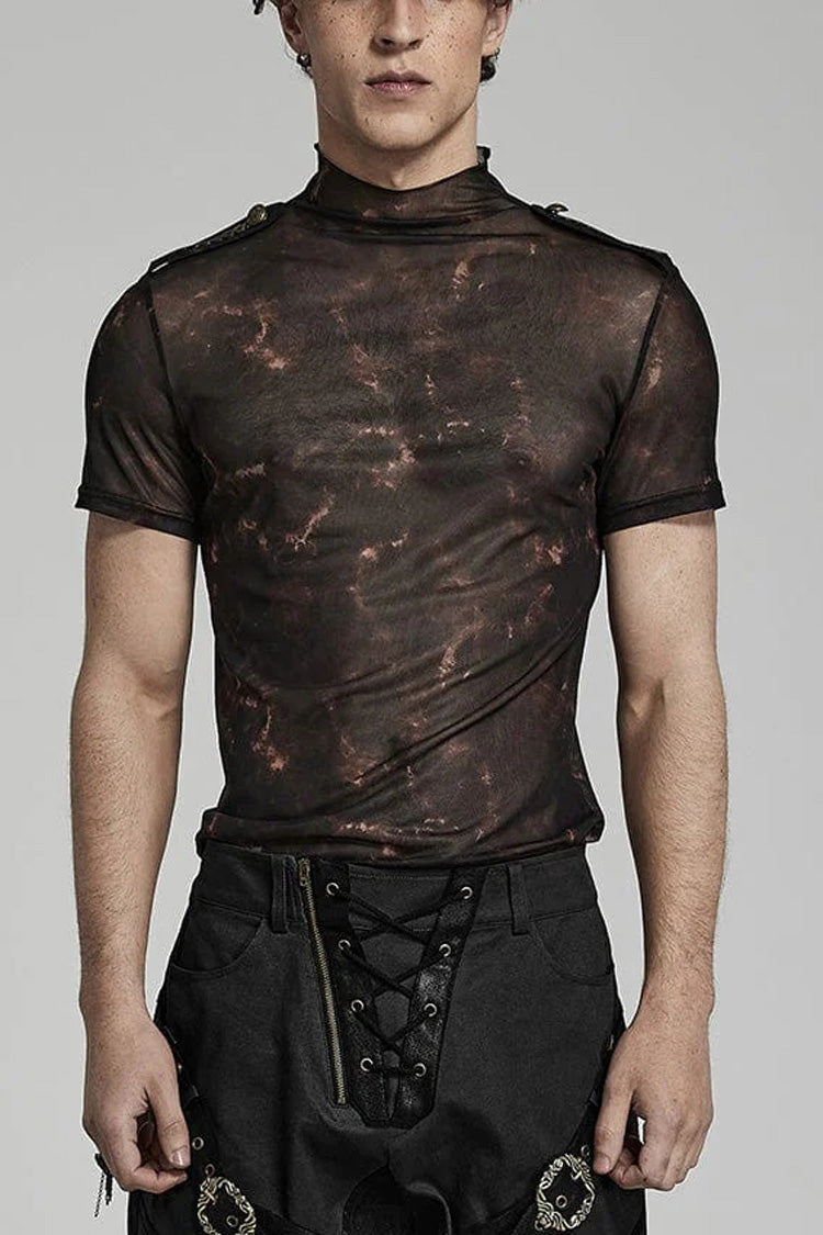Stand Collar Short Sleeves Print Slim Steampunk T-shirt 2 Colors