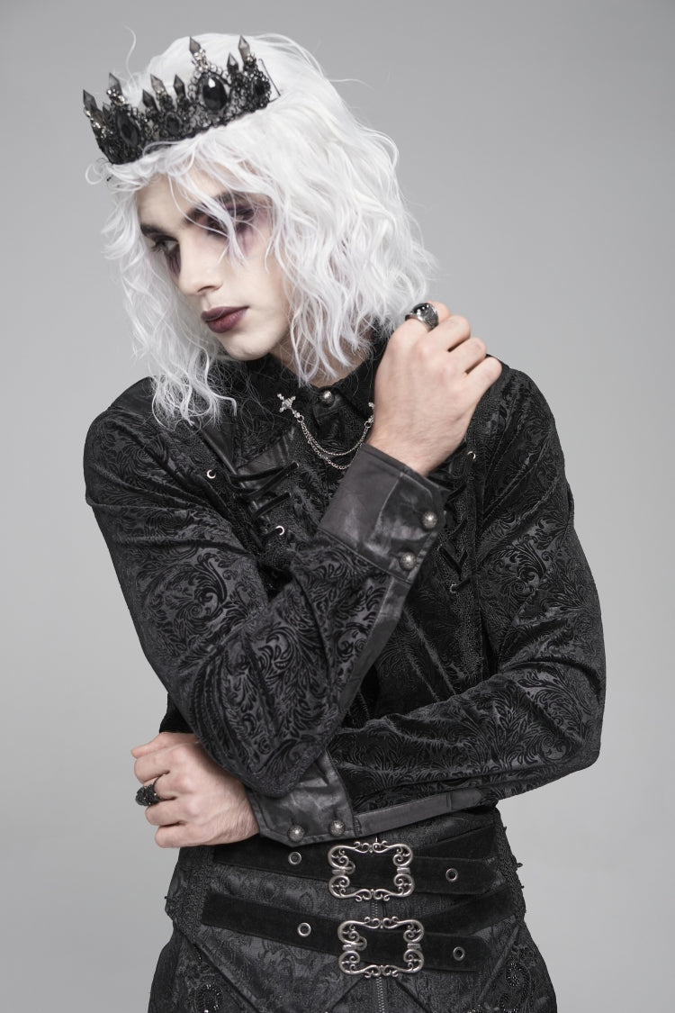 Black Lapel Collar Long Sleeves Print Embroidery Lace-up Gothic Blouse