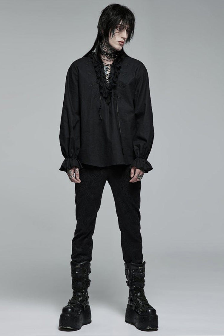 Black Gothic Pure Cotton No Elasticity Neckline Pleats Lace Ruffle Embroidery Tie Rope Design Shirt