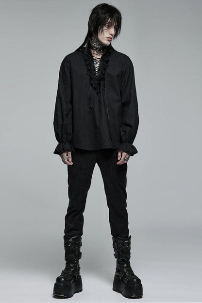 Black Gothic Pure Cotton No Elasticity Neckline Pleats Lace Ruffle Embroidery Tie Rope Design Shirt