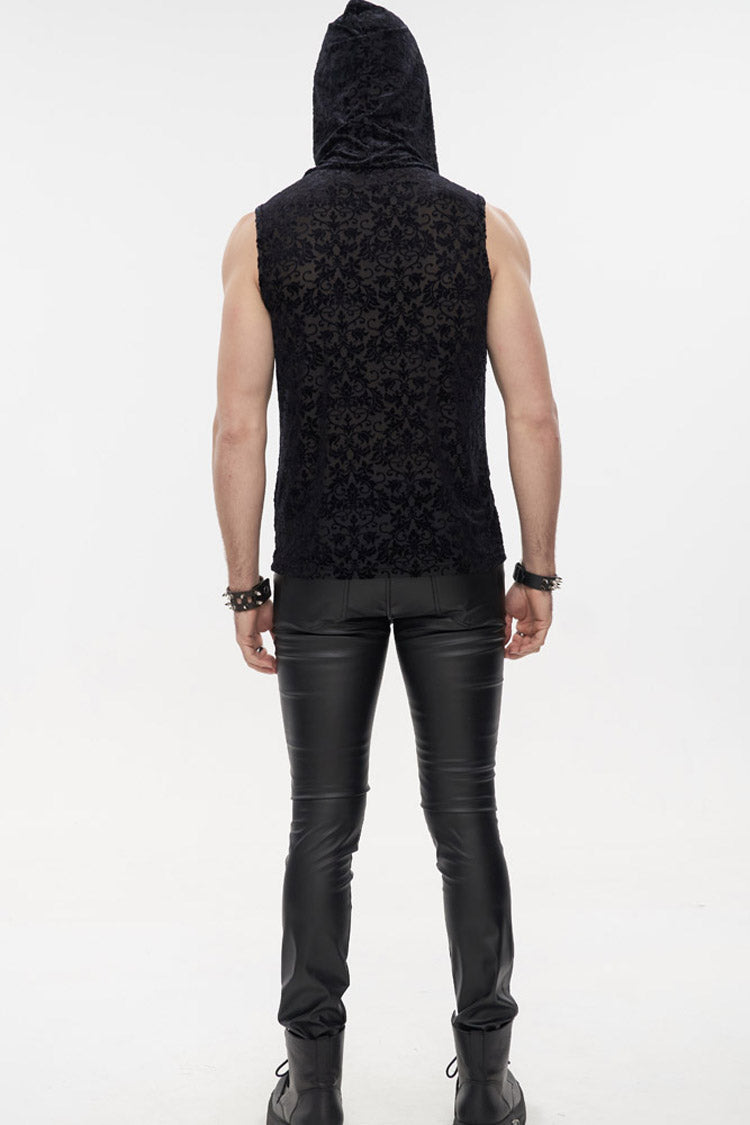Black Punk Velvet Jacquard Chest Tie Sleeveless Hooded Shirt