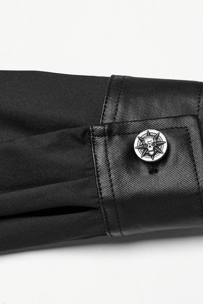 Black Lapel Collar Long Sleeves Faux Leather Stitching Buckle Punk Blouse