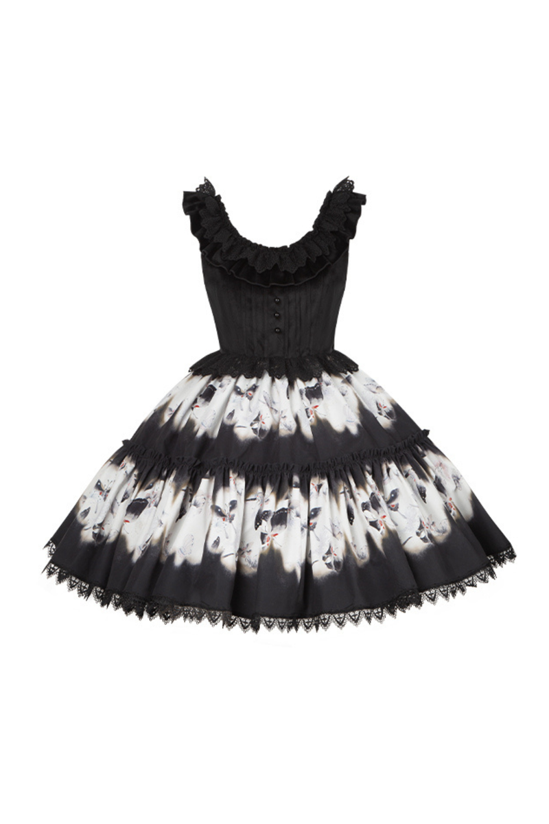 Butterfly Print Swing Lolita Dress + Jumper Skirt + Hairband + Innerwear + Ribbon